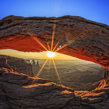 famous sunrise at Mesa Arch in Canyonlands National Park, Utah, USA 