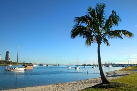 View of the Broadwater from Main Beach on the Gold Coast Australia in the early morning