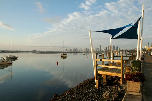 Shade sails at sunrise on the Broadwater Gold Coast Australia.