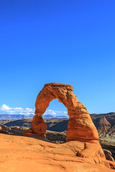 Vertical view of Delicate Arch at sunset, USA