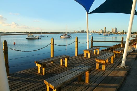 Shade sails over benches on the observation deck by the Broadwater on the Gold Coast Australia.