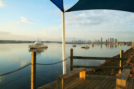 Shade sails over benches at Labrador by the Broadwater on the Gold Coast Australia.