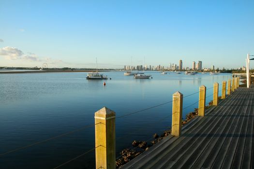 The Broadwater on the Gold Coast Australia at sunrise seen from Labrador looking toward Main Beach.