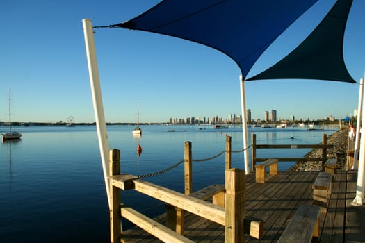 Resting place beside the water in the early morning.