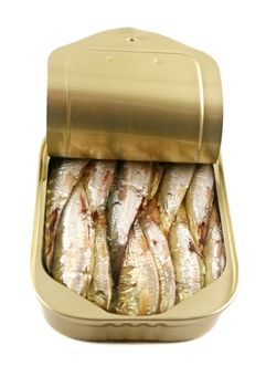 An open can of sardines with the lid curled back.