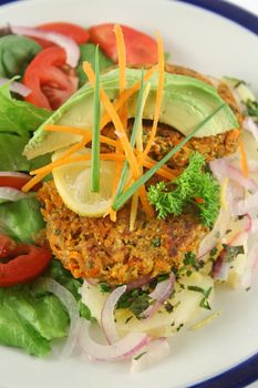 Carrot And tuna patties on a herbed potato stack with salad.