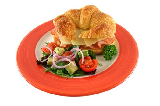 Delicious ham and cheddar cheese croissant with salad.