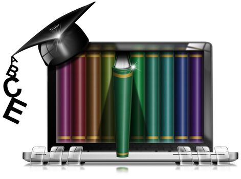 Laptop computer with library and graduation hat on white background