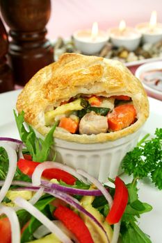 Homestyle chicken and vegetable pie with salad 