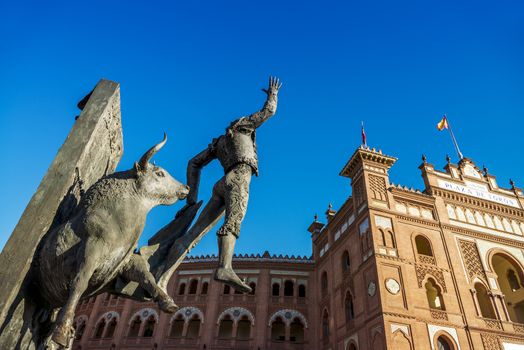 Madrid Landmark. Bullfighter sculpture in front of Bullfighting arena Plaza de Toros de Las Ventas in Madrid, a touristic sightseeing of Spain. 