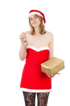 Smiling Mrs. Claus with bell and golden gift