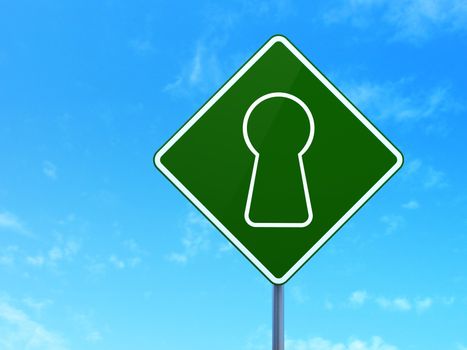 Security concept: Keyhole on green road (highway) sign, clear blue sky background, 3d render