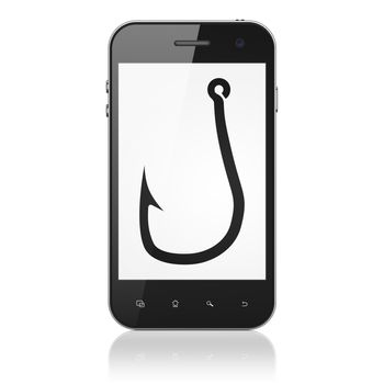 Privacy concept: smartphone with Fishing Hook icon on display. Mobile smart phone on White background, cell phone 3d render