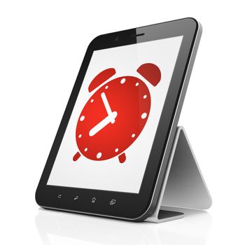 Time concept: black tablet pc computer with Alarm Clock icon on display. Modern portable touch pad on White background, 3d render