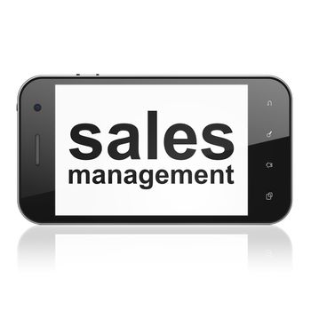 Marketing concept: smartphone with text Sales Management on display. Mobile smart phone on White background, cell phone 3d render