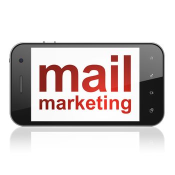 Marketing concept: smartphone with text Mail Marketing on display. Mobile smart phone on White background, cell phone 3d render