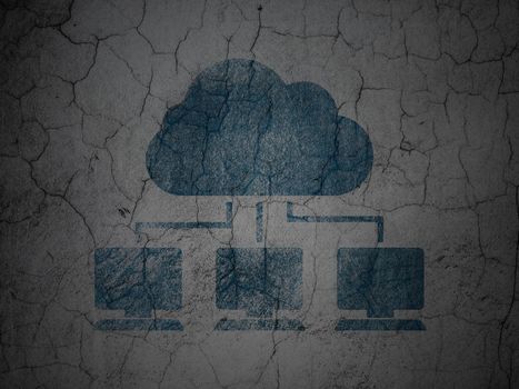 Cloud networking concept: Blue Cloud Network on grunge textured concrete wall background, 3d render