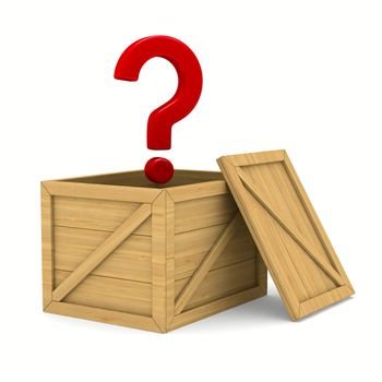 empty wooden box and question. Isolated 3D image