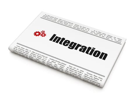 Business news concept: newspaper headline Integration and Gears icon on White background, 3d render