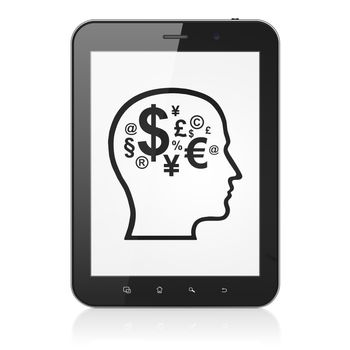 Advertising concept: black tablet pc computer with Head With Finance Symbol icon on display. Modern portable touch pad on White background, 3d render