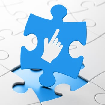 Social network concept: Mouse Cursor on Blue puzzle pieces background, 3d render