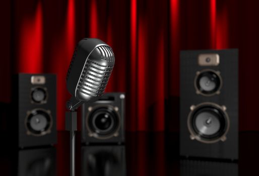3d illustration of a microphone and speakers on scene