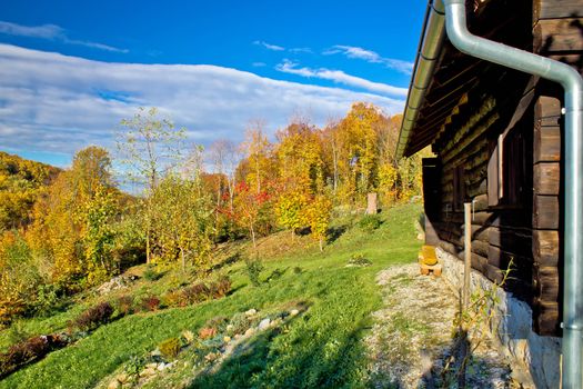 Wooden lodge in autumn mountain nature, Kalnik mountain world war 2 hospital in Croatia