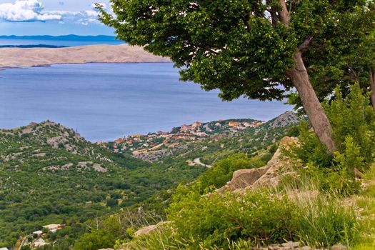 Town of Karlobag and island of Pag aerial view from Velebit mountain, Croatia