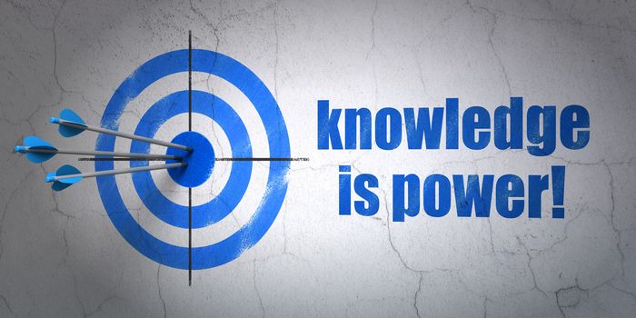 Success Education concept: arrows hitting the center of target, Blue Knowledge Is power! on wall background, 3d render
