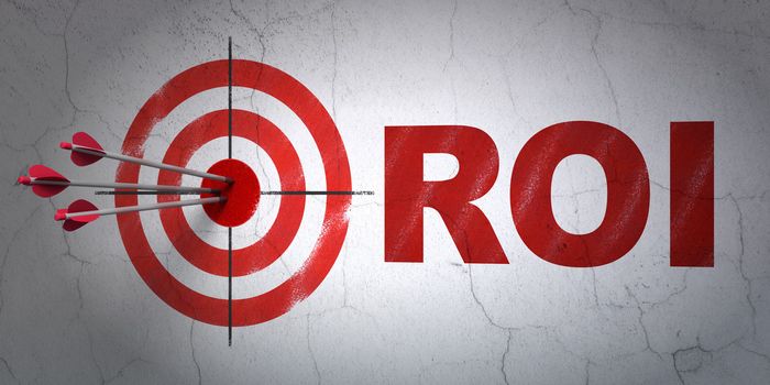 Success business concept: arrows hitting the center of target, Red ROI on wall background, 3d render