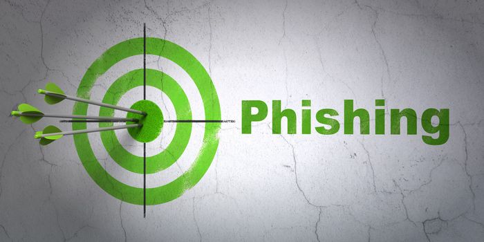 Success safety concept: arrows hitting the center of target, Green Phishing on wall background, 3d render