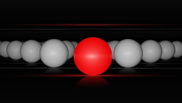 Red ball and white balls. 3d render on black background