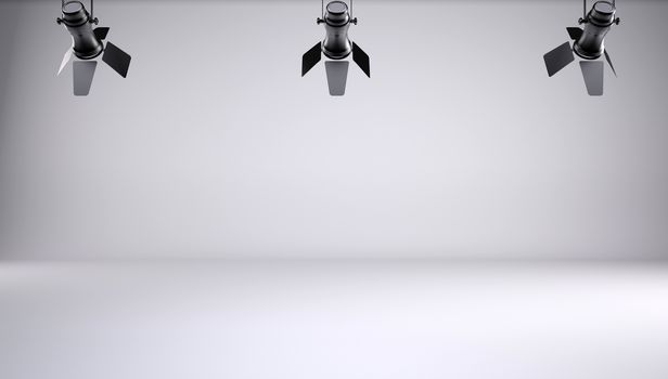 Lighting in the studio. 3d render. Gray gradient background