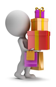 3d small person carries a stack of gifts. 3d image. White background.