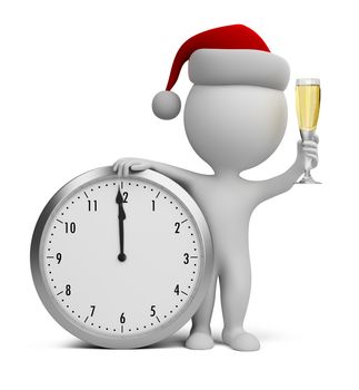 3d small person - Santa with a glass of champagne next to the clock. 3d image. White background.