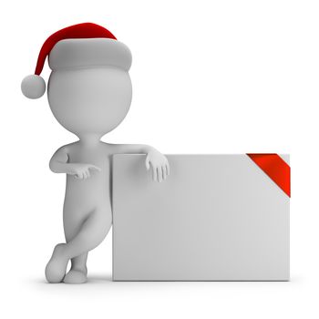 3d small person - Santa next to an empty board. 3d image. White background.