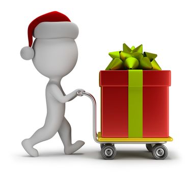 3d small person - Santa carries a big gift on trolley. 3d image. White background.