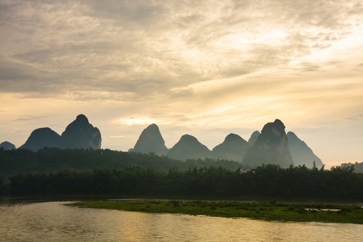 Karst mountains at li river china sunrise