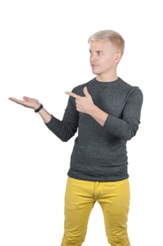 Shot of man in gray and yellow pointing with his fingers