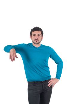 Man in blue t-shirt leaning on an invisible object