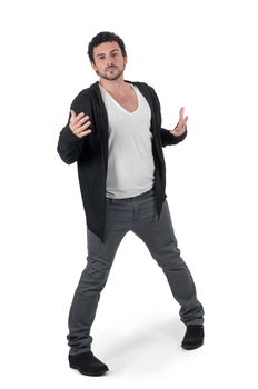 Emotional man in the studio, isolated on white