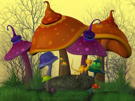 A fairytale land with funny colored mushrooms and golden dragons.