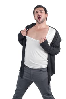 Man man ripping his shirt and yelling, isolated