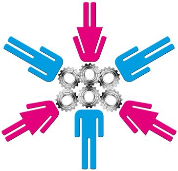 Men and women with head metal gears - Teamwork or talent concept