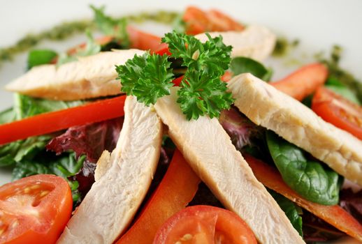 Fresh and colorful chicken salad with pesto dressing.