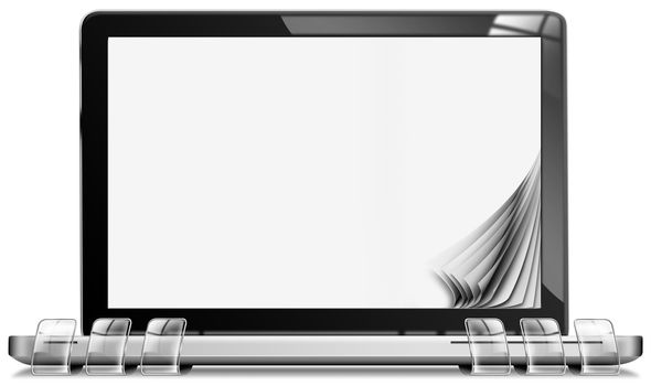 Laptop computer with blank pages on white background