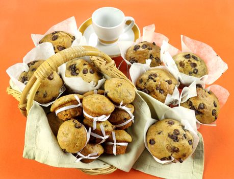 Delicious fresh baked homemade cafe style and mini chocolate chip muffins.