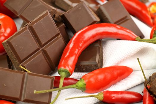 Delicious dark chocolate with a selection of different chilies and peppers.