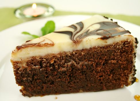 Rich chocolate cake with a mint garnish ready to serve.