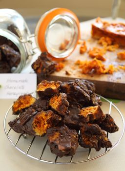 Decadent fresh baked sweet honeycomb dipped in dark chocolate.